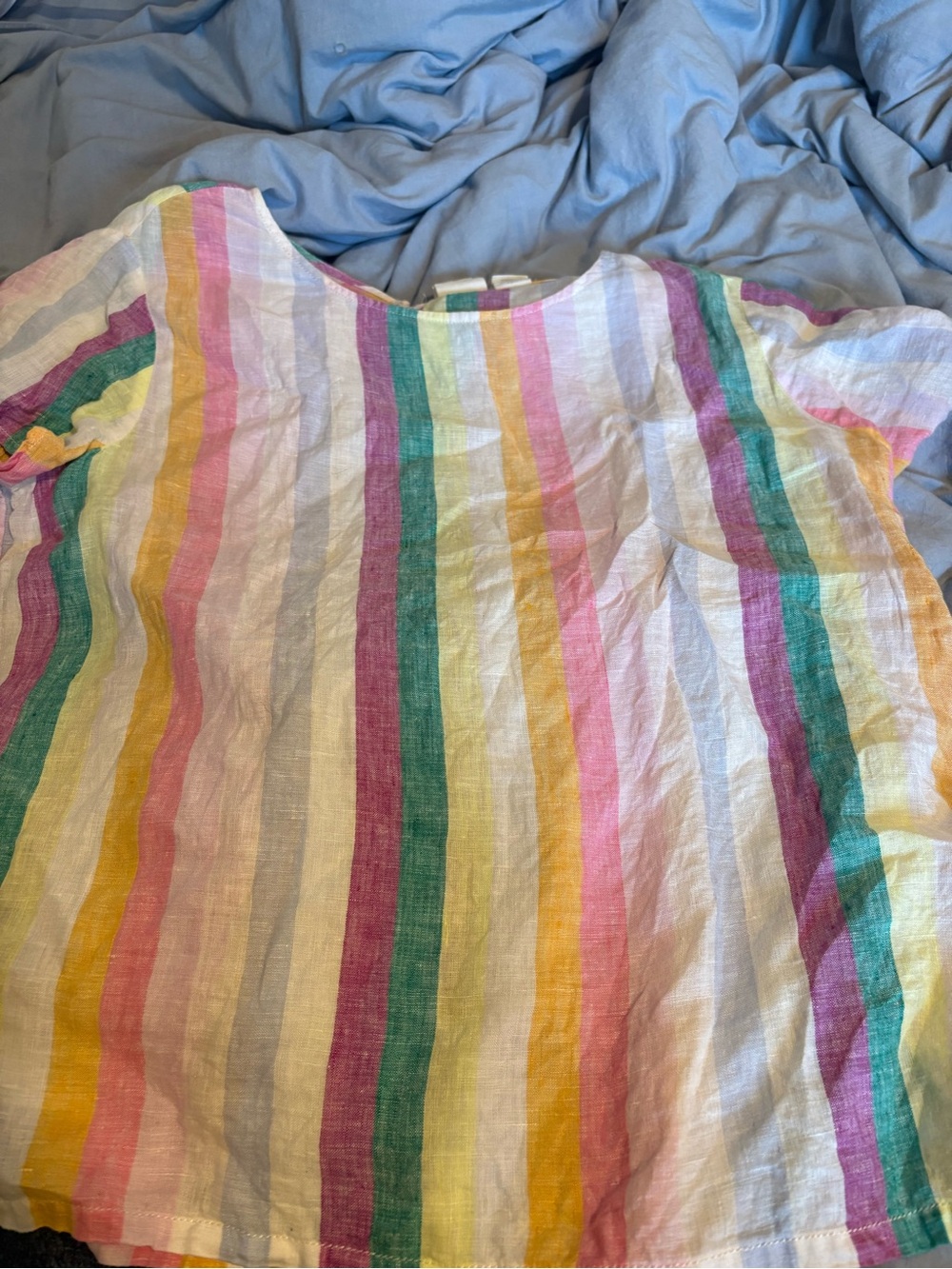Womens Multicolor Striped Short Sleeve Top - White Base 100% Linen